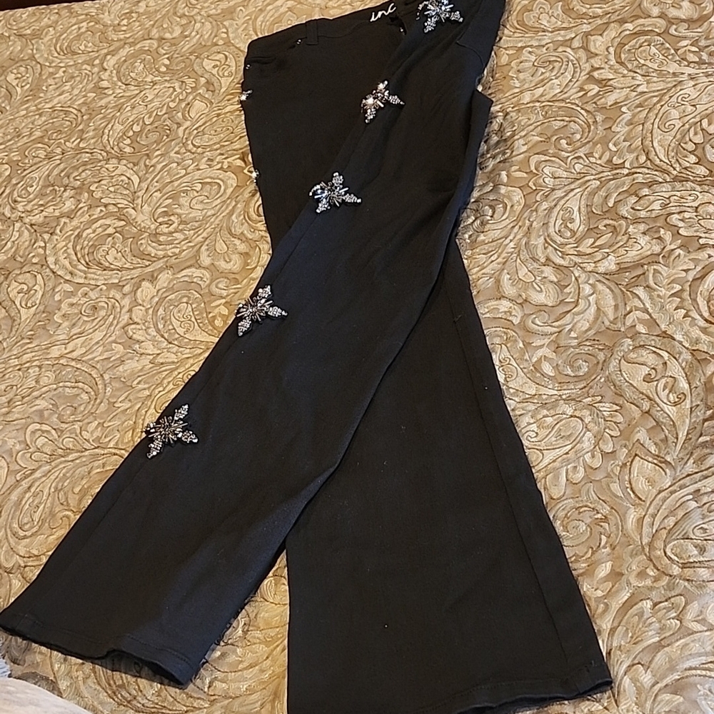 Black Embellished Boot Leg Jeans with Bling Star Pattern